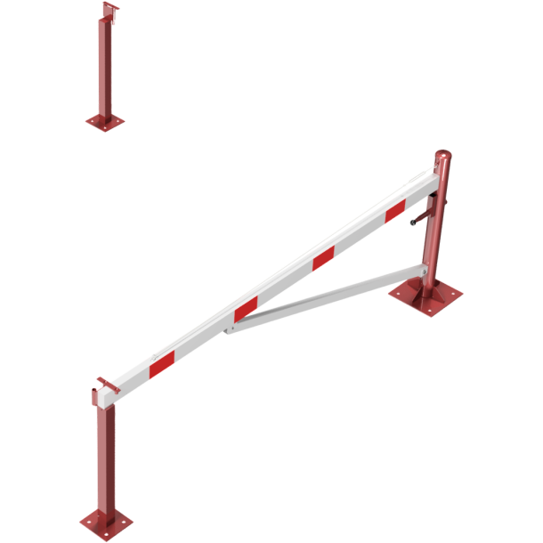 Swing barrier | with bracing tube and | pull rope reinforcement | to be fixed by plugs, hot-dip galvanized and red coated with white reflecting rings | Barrier arm length: 3000 mm | for padlock